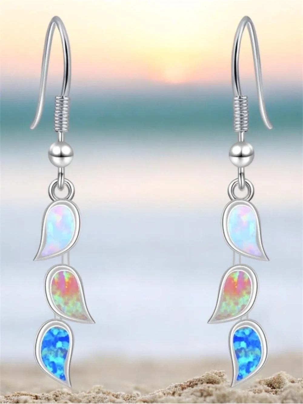 Sterling Silver Pink and White Opal  Wave Pendant Necklace - Picture 3 of 3